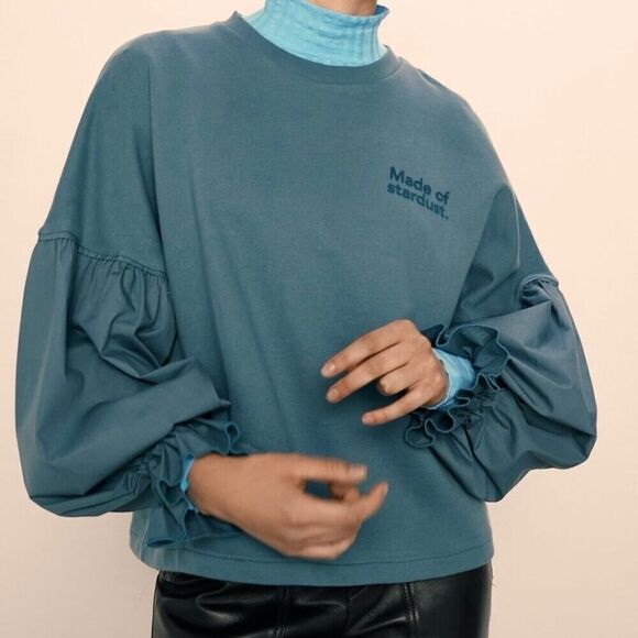Zara puffed sleeve Made of Stardust teal blue combination sweatshirt NWOT M - Picture 3 of 13